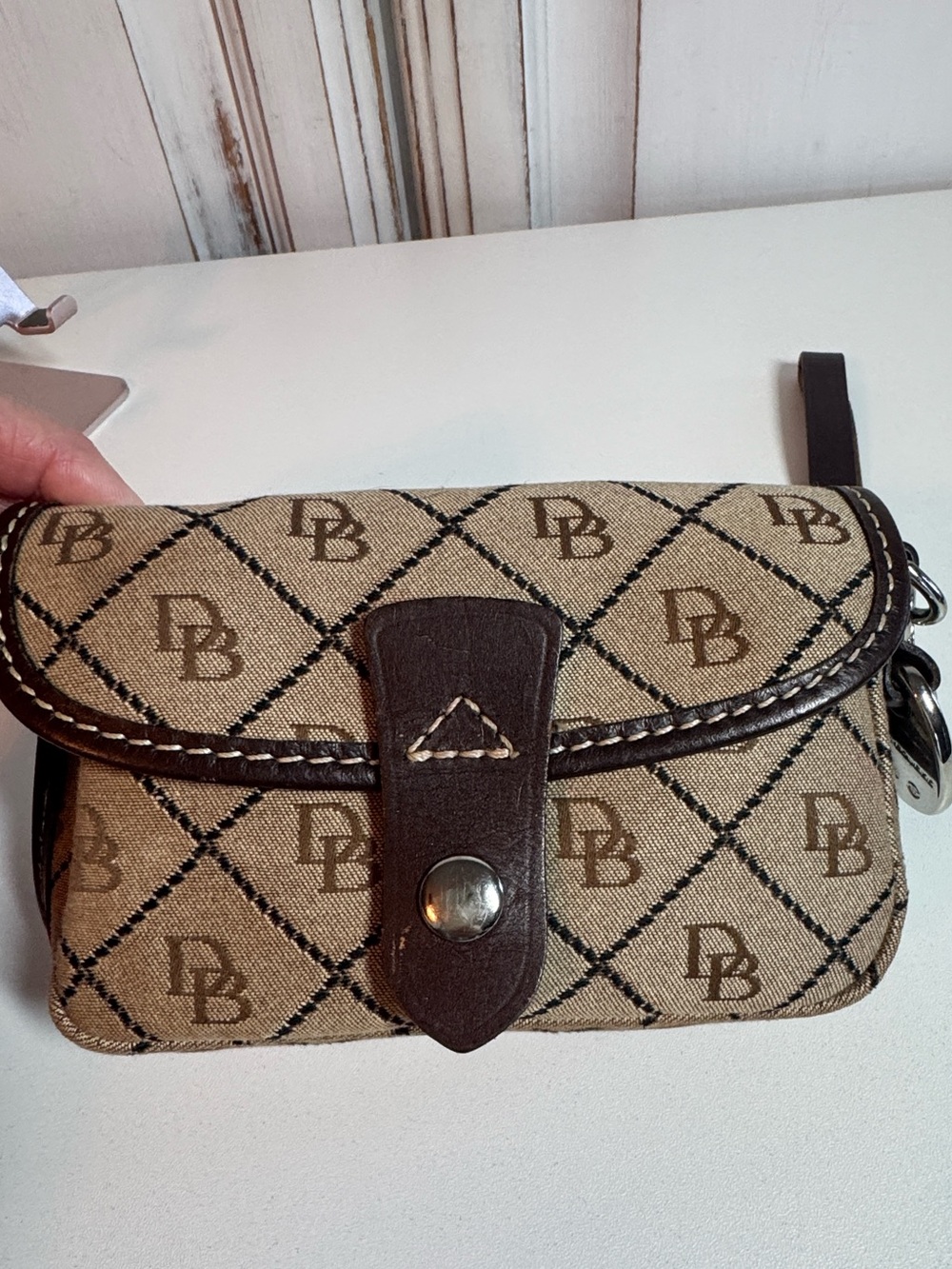 Vintage Dooney & Bourke Signature DB Monogram Flap Wristlet Duck Charm Brown Tan